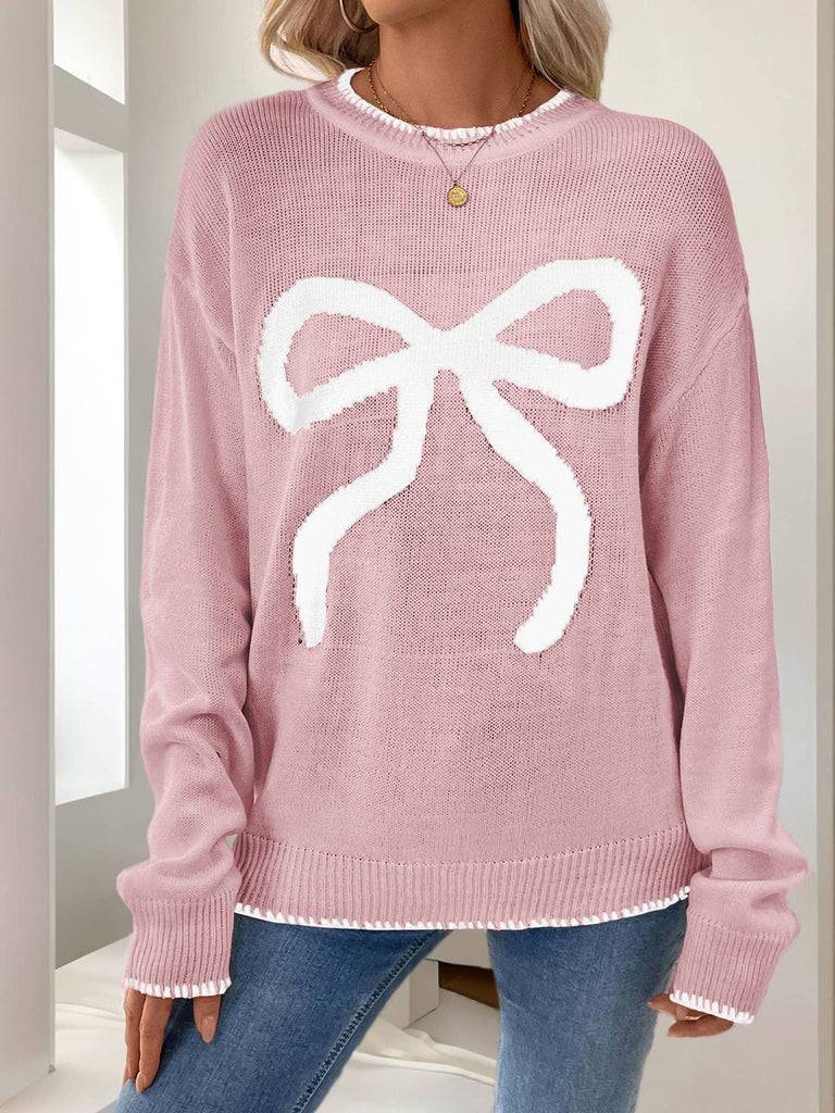 Long Sleeve Crew Neck Knit Sweater: Pink /