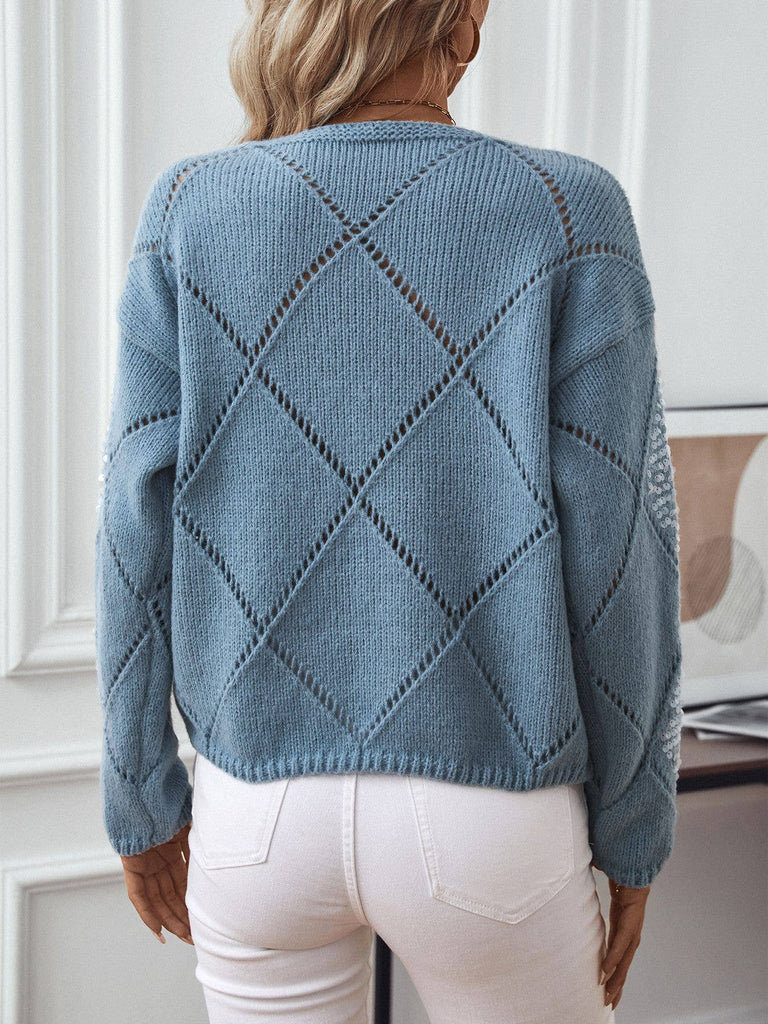 HOLLOWED-OUT SEQUIN PULLOVER SWEATER: BLUE / (XL) 1