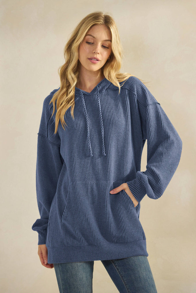 ET7964-10 LONG SLEEVE BRUSHED URBAN RIB HOODIE TOP: ROSE / 2-2-2 (S-M-L)