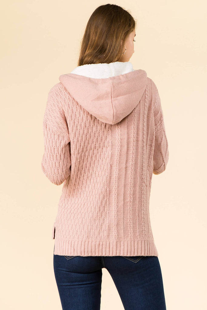 MIXED CABLE SWEATER WITH SHERPA HOODIE MFS-341B: Ivory/Ivory Sherpa / S