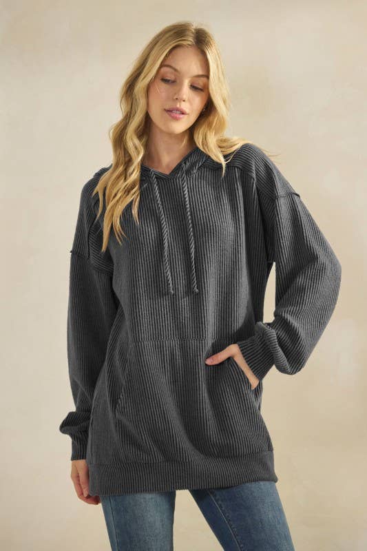ET7964-10 LONG SLEEVE BRUSHED URBAN RIB HOODIE TOP: Olive / 2-2-2 (S-M-L)