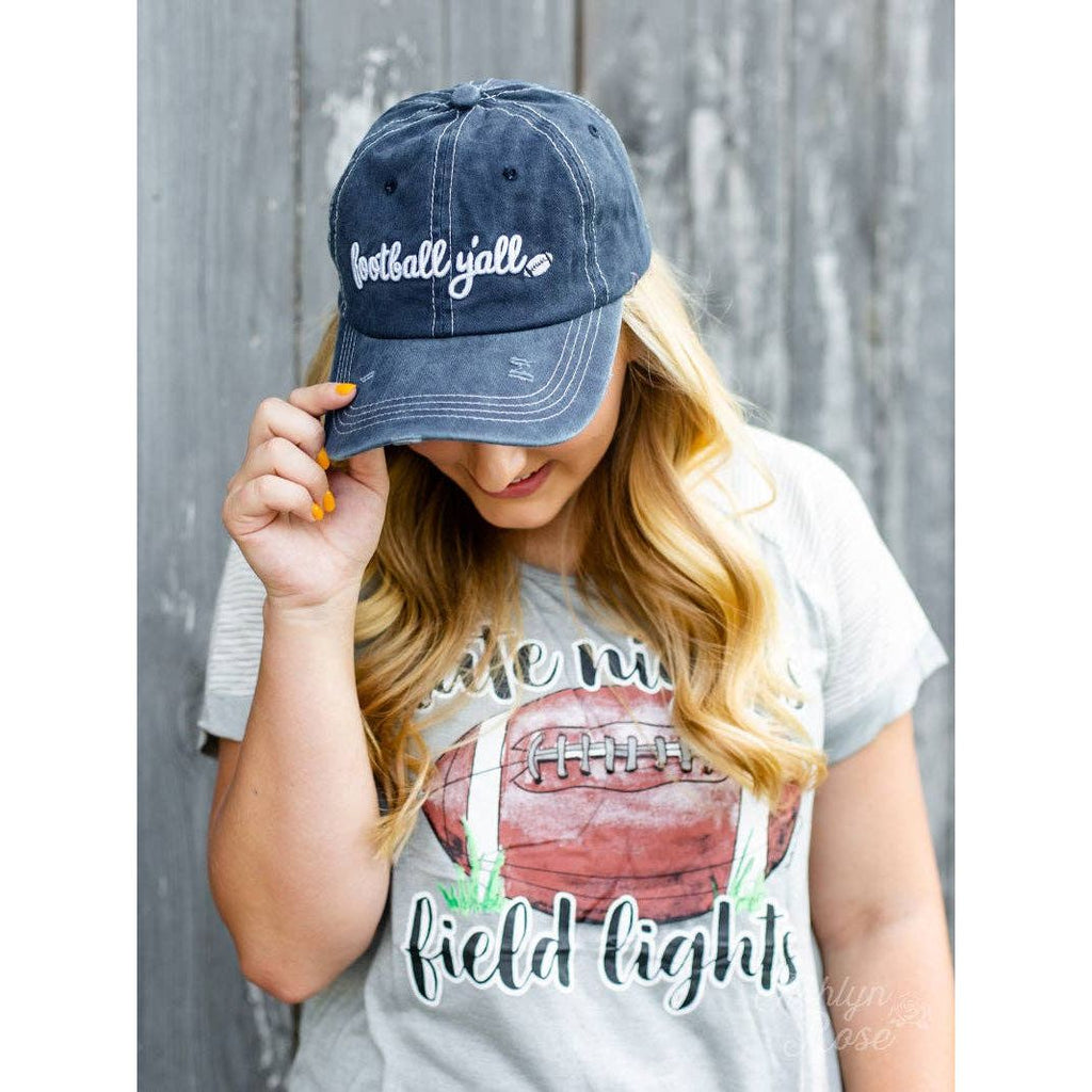 White Football Y'all Embroidery on Navy Hat: Blue / One Size