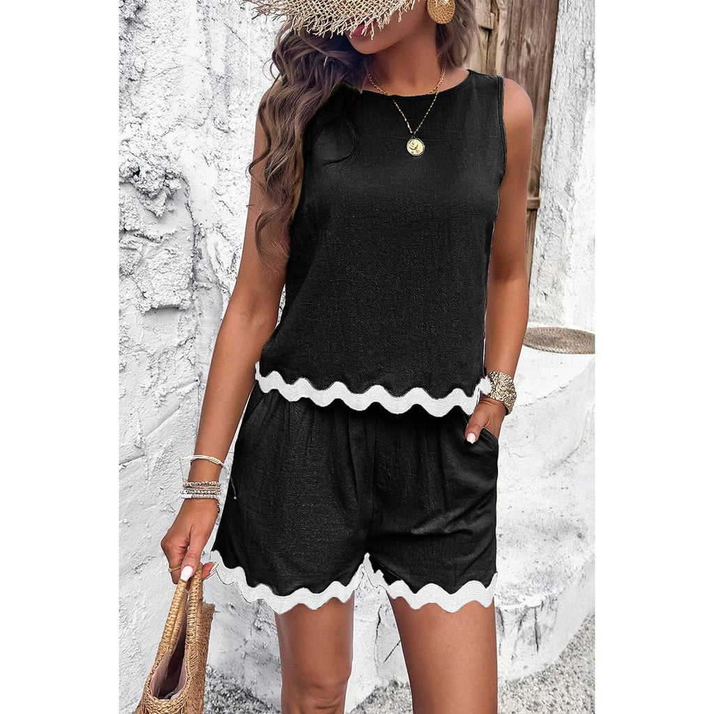 Two Pieces Printed Sleeveless Pockets Shorts Sets: BEIGE / S