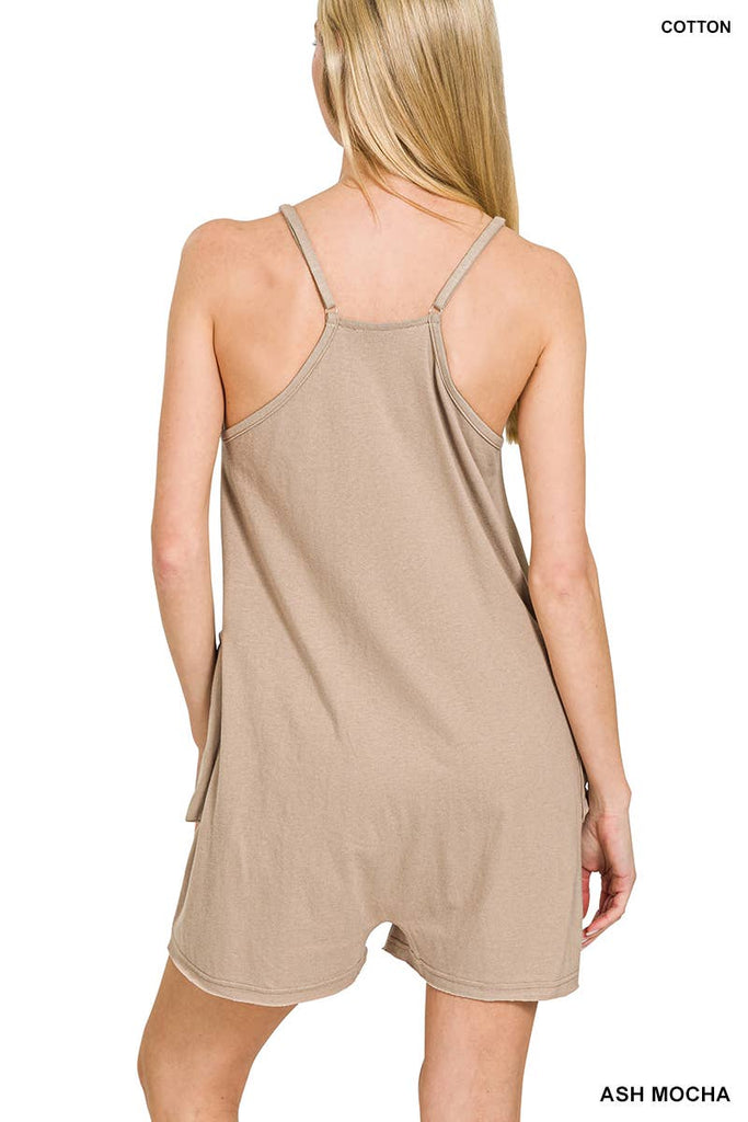 `.Spaghetti Strap Pocketed Romper w/ Pockets: FUCHSIA-180503 / S
