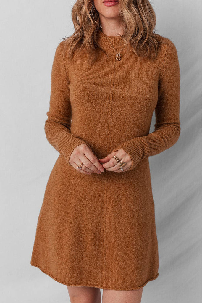 Solid Ribbed Trim Sweater Mini Dress: Straw Yellow /