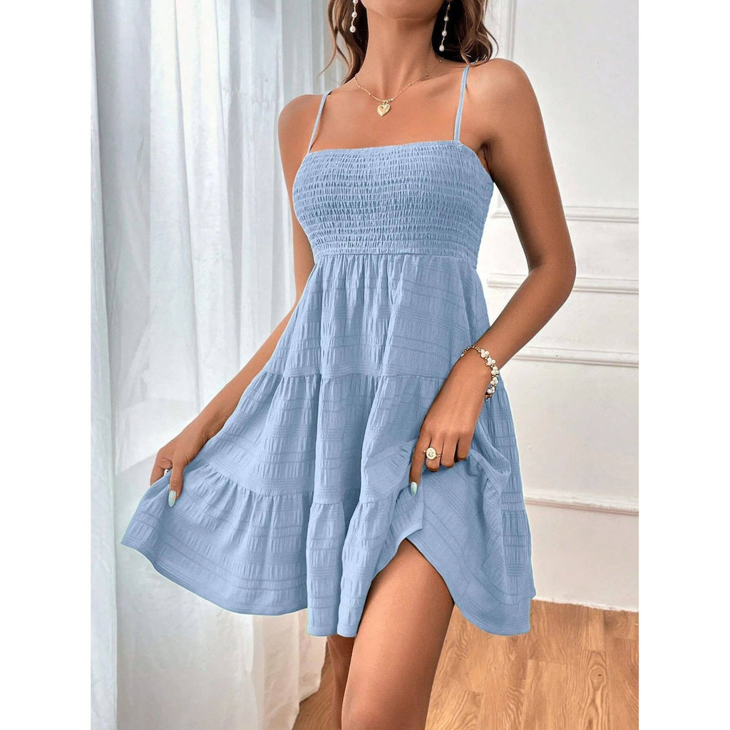 Plain Smocked A-line Slip Dress For Summer: Light Blue / S