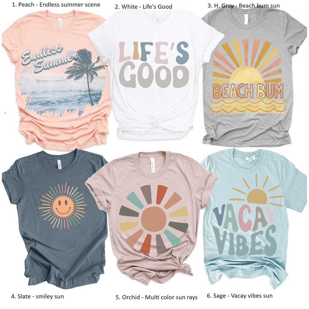 VACAY VIBES Soft Printed Tees by Party On Design: 1 S, 1 M, 2 LG, 1 XL