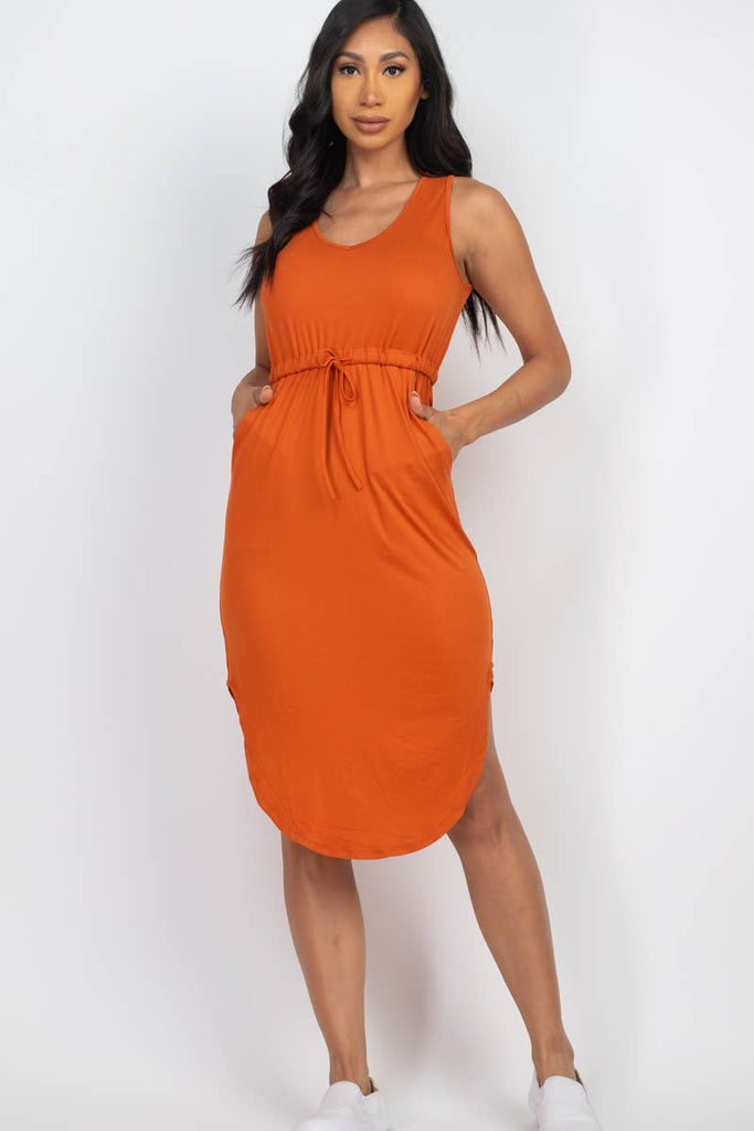Drawstring Sleeveless Midi Dress: S