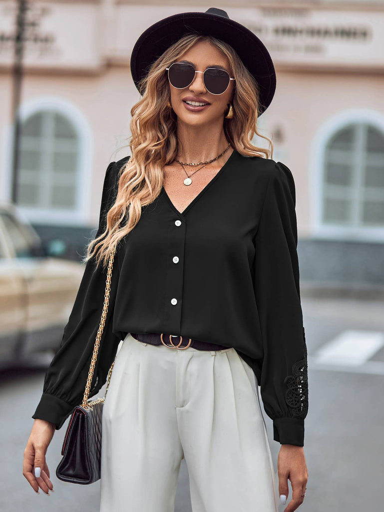 Lace Detail V Neck Button Down Blouse SZ2-TP54399: Green / S