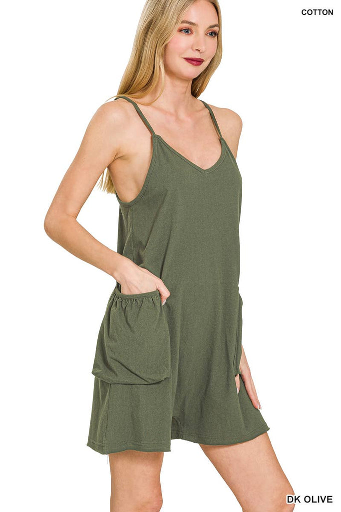 `.Spaghetti Strap Pocketed Romper w/ Pockets: FUCHSIA-180503 / S