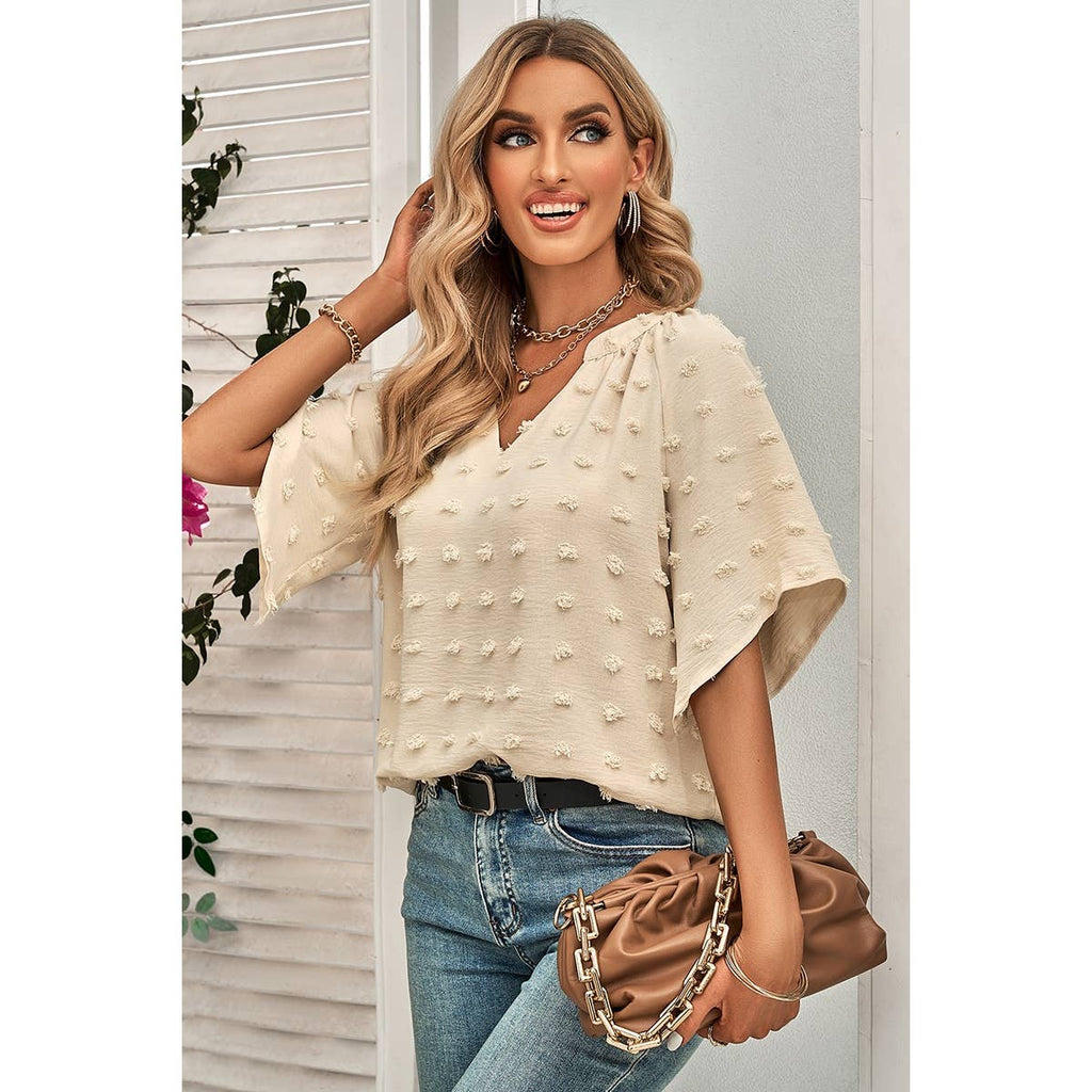 Solid Polk Dot V Neck Loose Fit Top: BEIGE / S