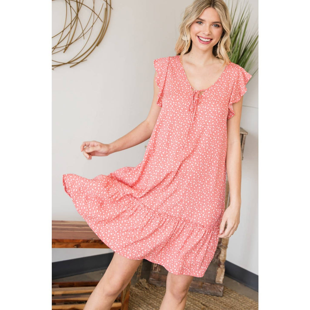 Vintage Ditsy Print Flutter V-Neck Dress-Coral: Coral SMALL