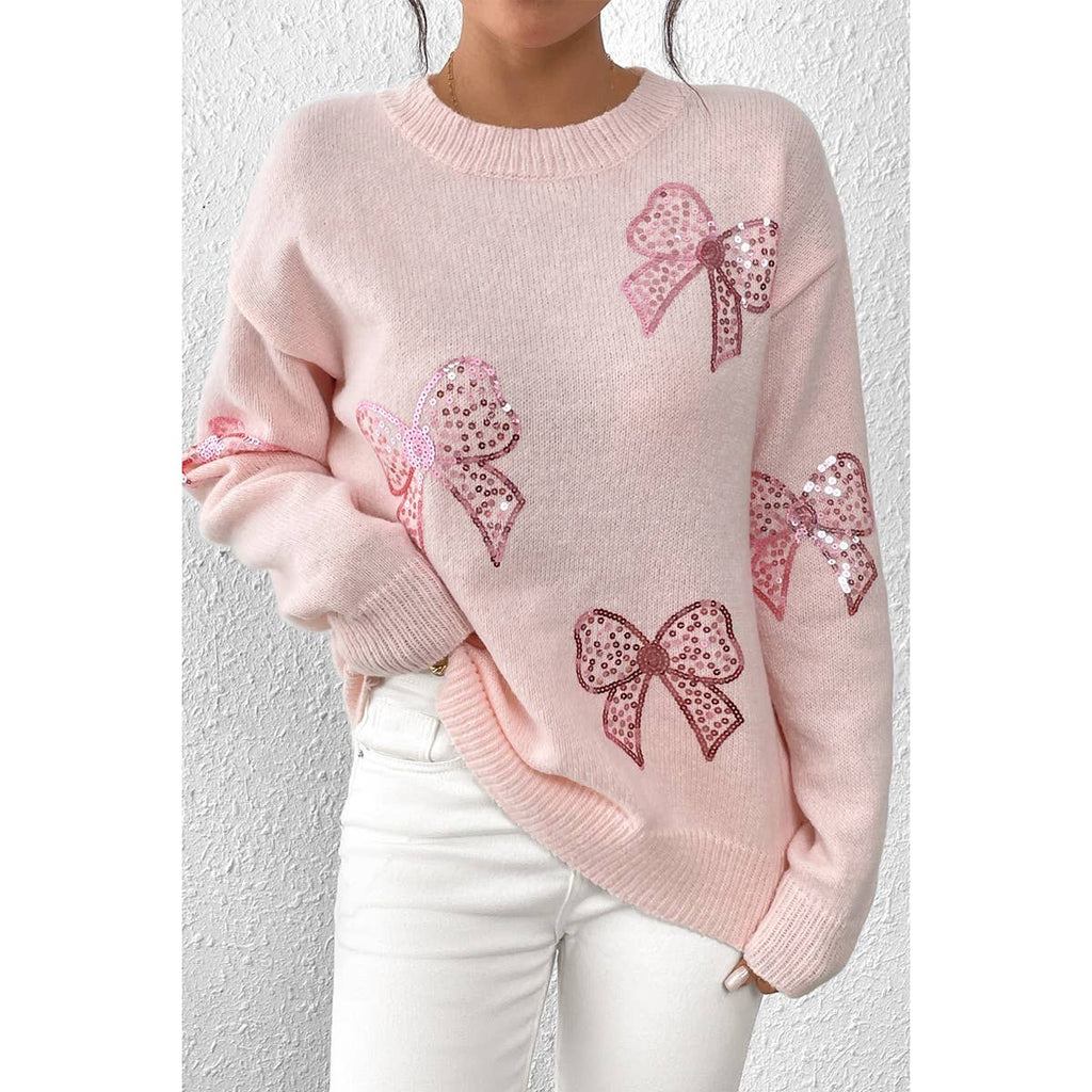 Knit Sequin Bow Round Neck Loose Fit Sweater: PINK / XL