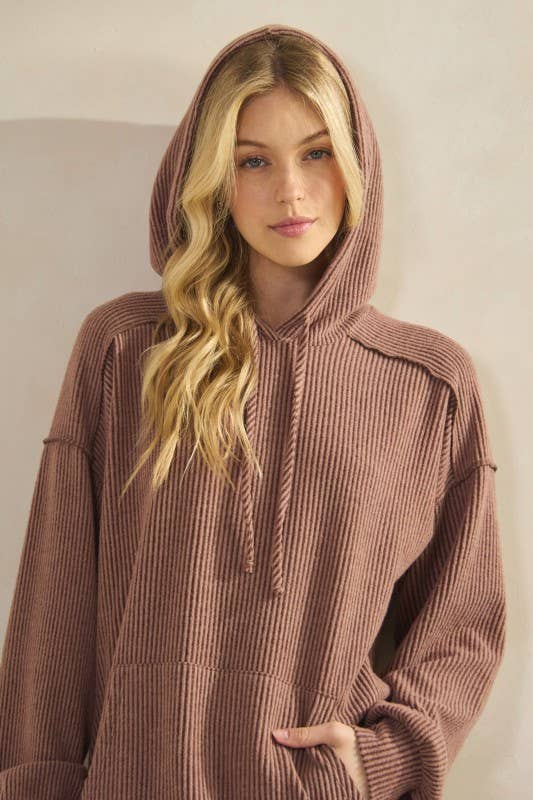 ET7964-10 LONG SLEEVE BRUSHED URBAN RIB HOODIE TOP: ROSE / 2-2-2 (S-M-L)