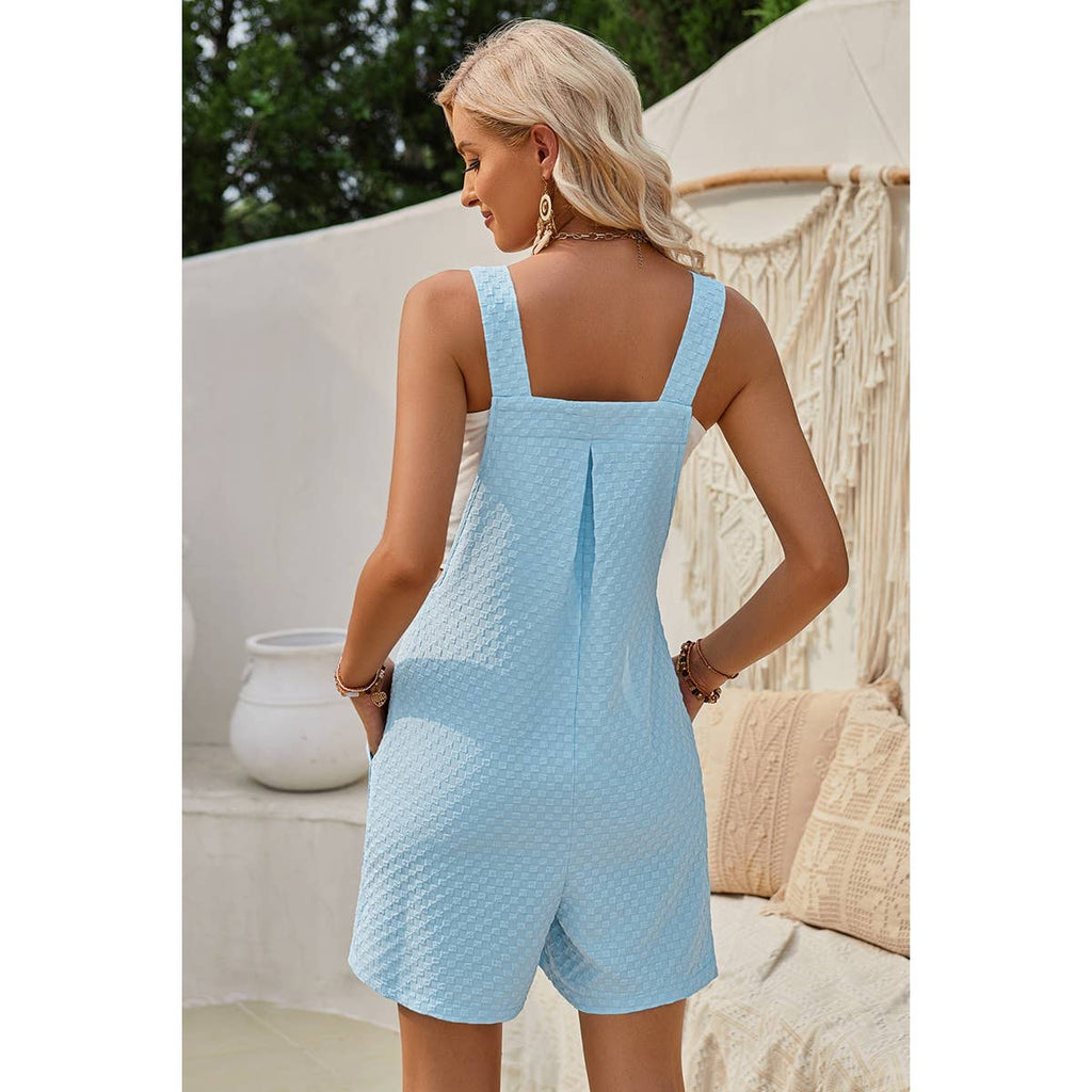 Sleeveless Square Neck Solid Pockets Loose Romper: Sky Blue / M