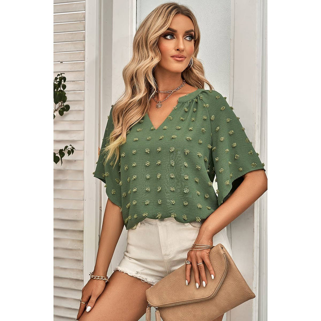 Solid Polk Dot V Neck Loose Fit Top: BEIGE / S