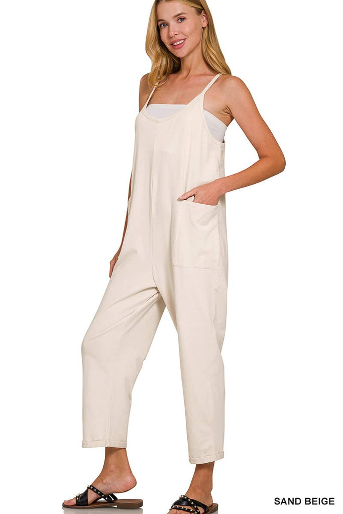 `",,,,...._ Spaghetti Strap Pocketed Cotton Jumpsuit: H LT TEAL-178587 / L/XL