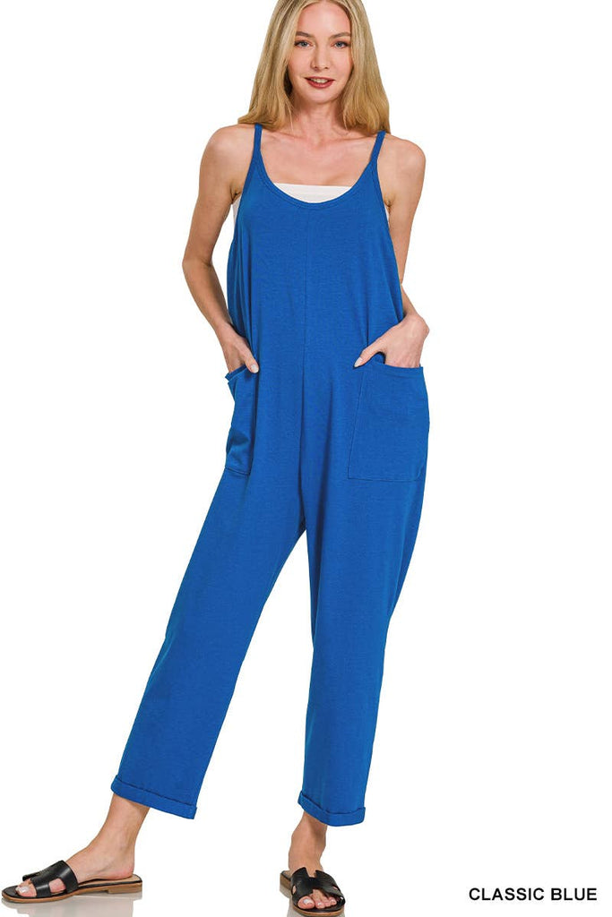 `",,,,...._ Spaghetti Strap Pocketed Cotton Jumpsuit: H LT TEAL-178587 / L/XL