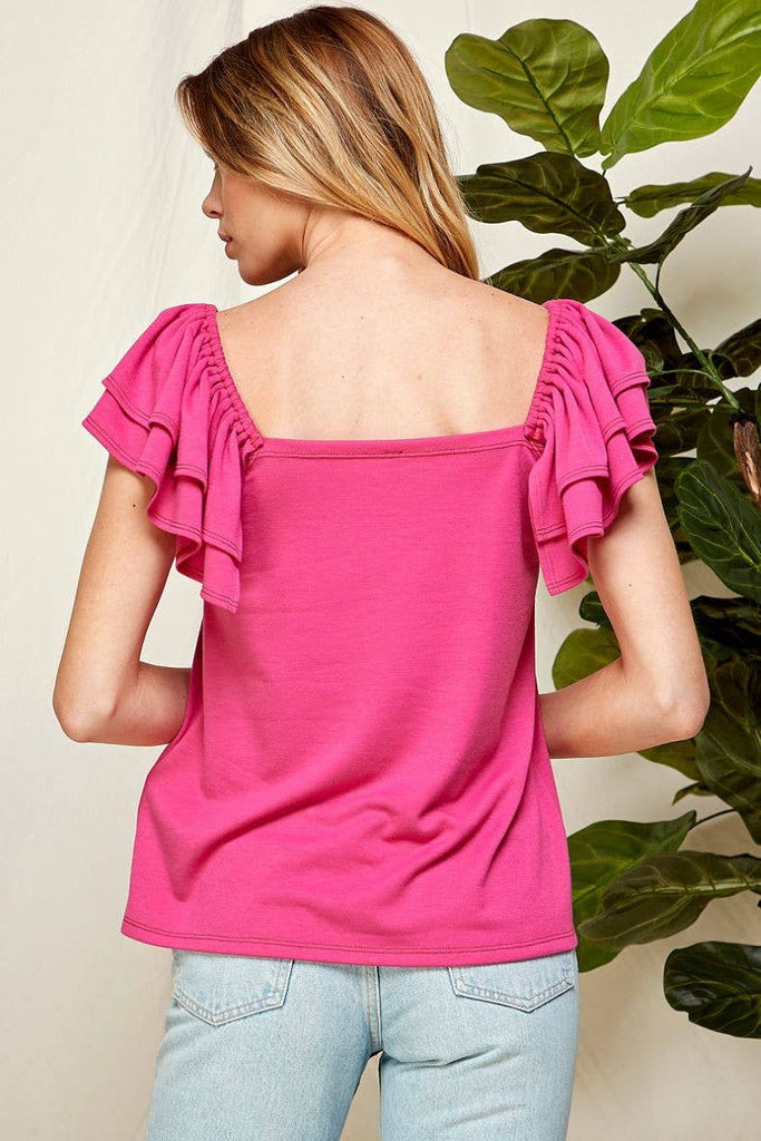 SPT5109 - WOMEN SWEETHEART NECKLINE DOUBLE RUFFLED SLV TOP: FUCHSIA / M