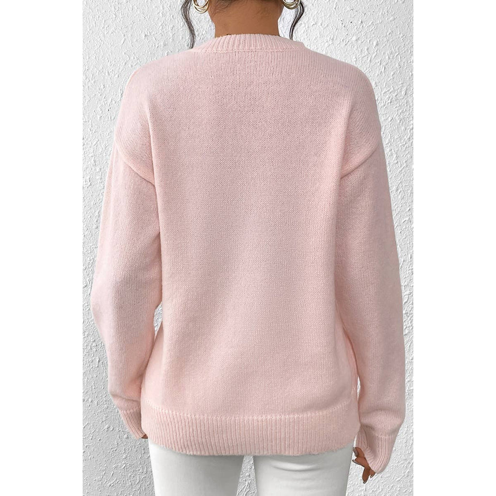 Knit Sequin Bow Round Neck Loose Fit Sweater: PINK / XL