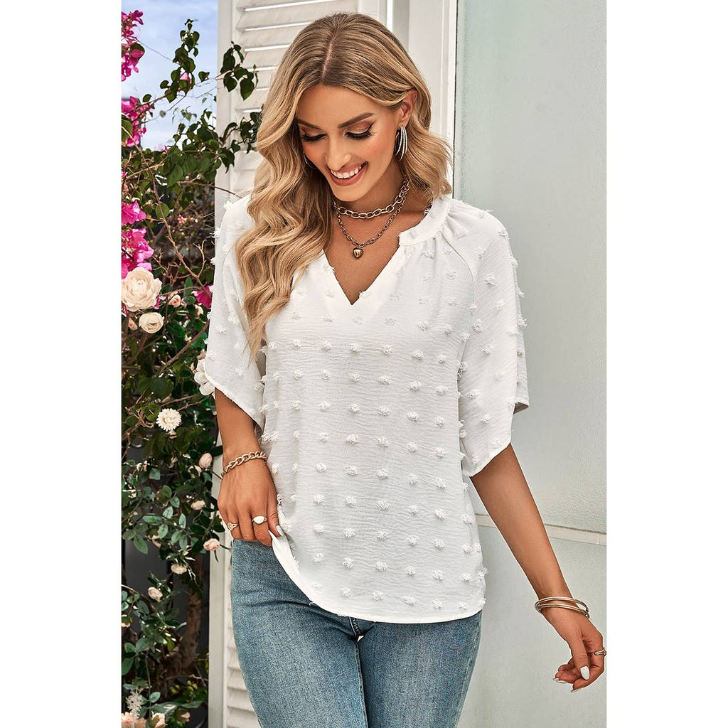 Solid Polk Dot V Neck Loose Fit Top: BEIGE / S