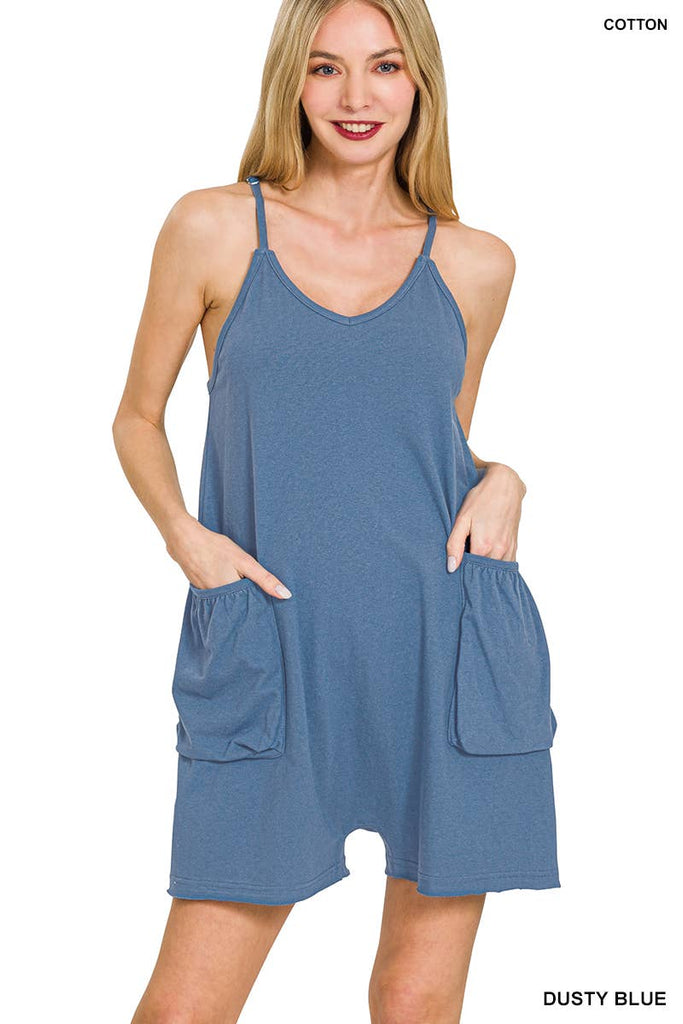 `.Spaghetti Strap Pocketed Romper w/ Pockets: FUCHSIA-180503 / S