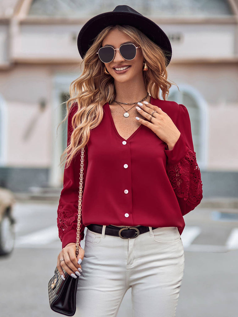 Lace Detail V Neck Button Down Blouse SZ2-TP54399: Green / S