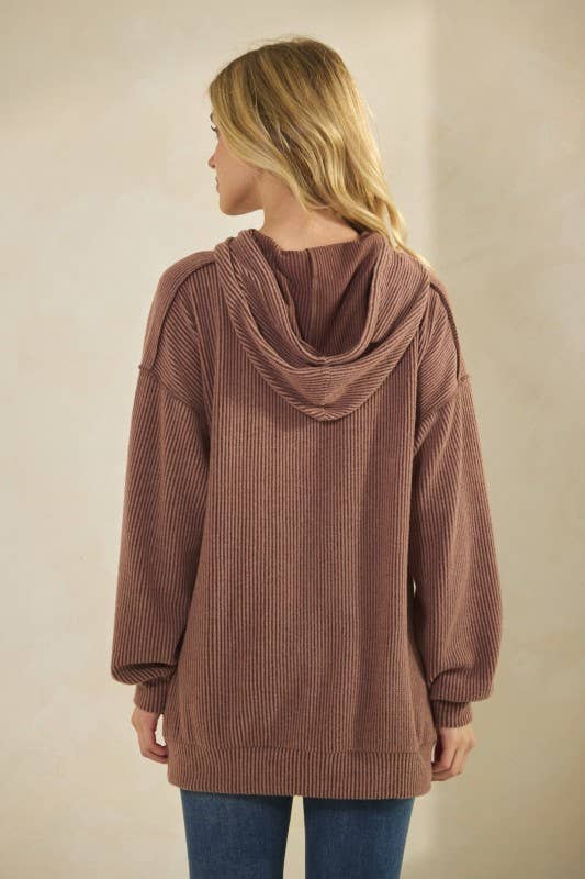 ET7964-10 LONG SLEEVE BRUSHED URBAN RIB HOODIE TOP: ROSE / 2-2-2 (S-M-L)