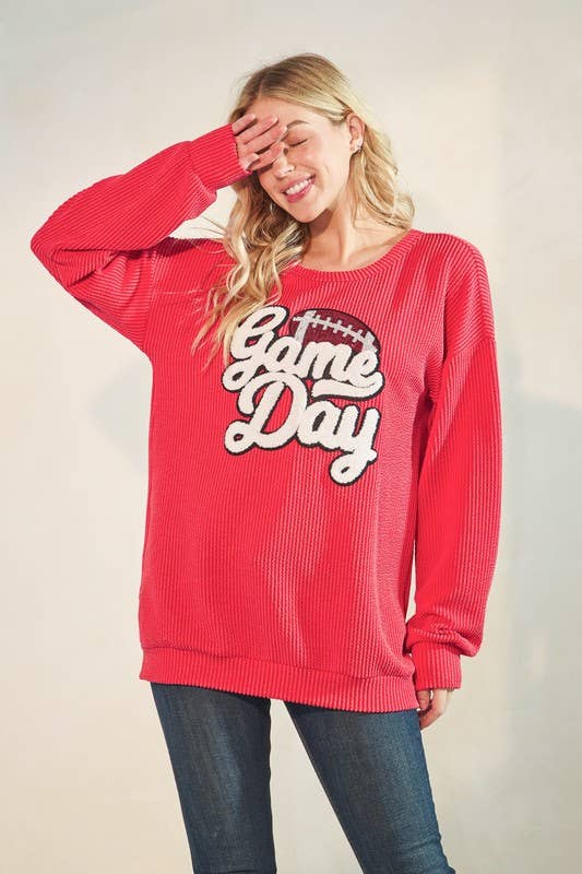 ET7773-10 LONG SLEEVE URBAN RIB GAME DAY TOP: Red / 2-2-2 (S-M-L)