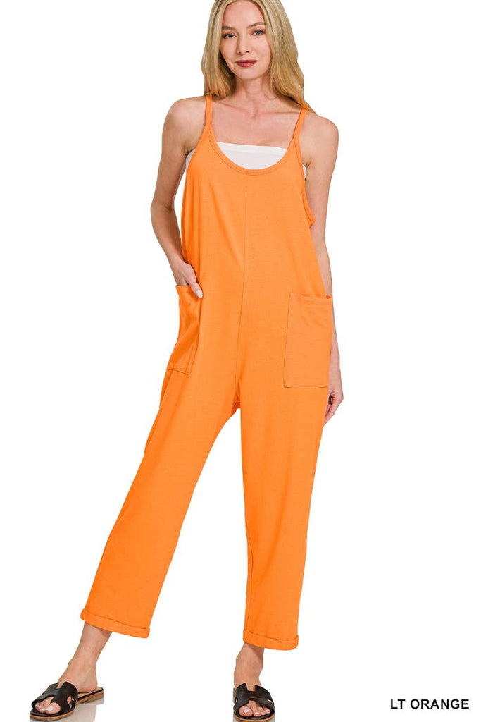 `",,,,...._ Spaghetti Strap Pocketed Cotton Jumpsuit: H LT TEAL-178587 / L/XL