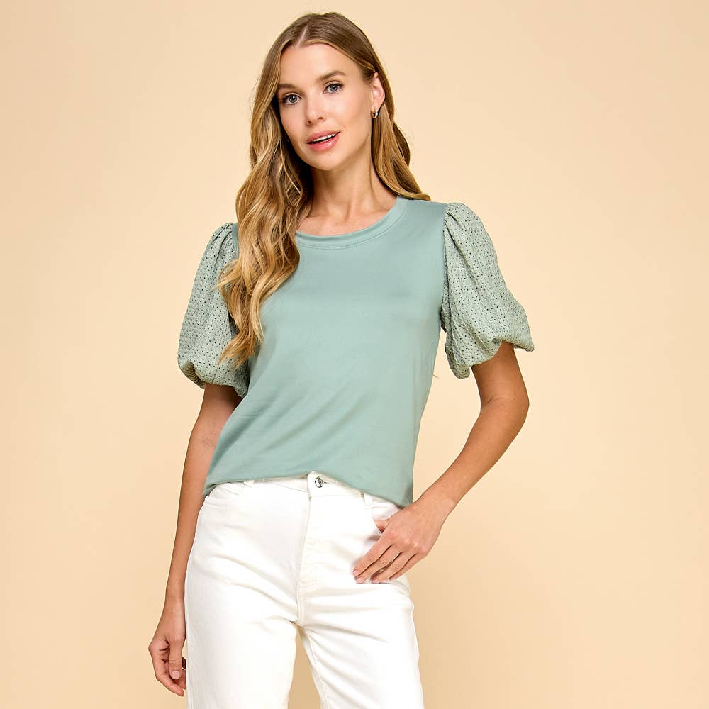 Solid Top with Contrast Puffed Sleeves: Ivory / S