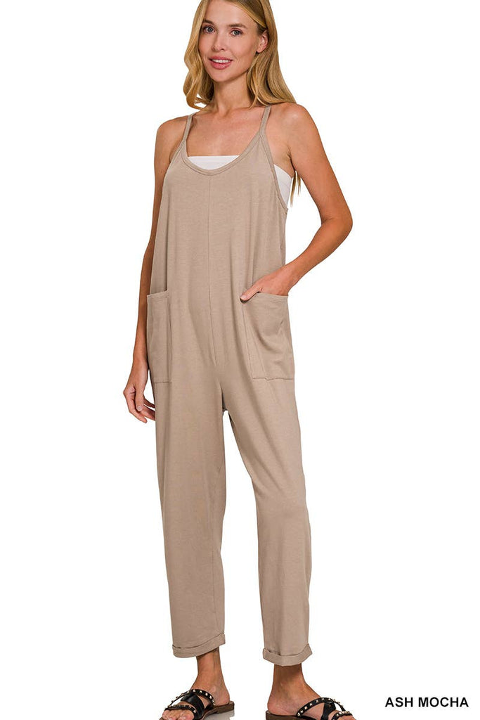 `",,,,...._ Spaghetti Strap Pocketed Cotton Jumpsuit: H LT TEAL-178587 / L/XL