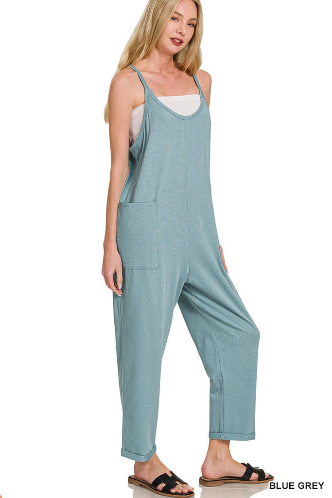 `",,,,...._ Spaghetti Strap Pocketed Cotton Jumpsuit: H LT TEAL-178587 / L/XL