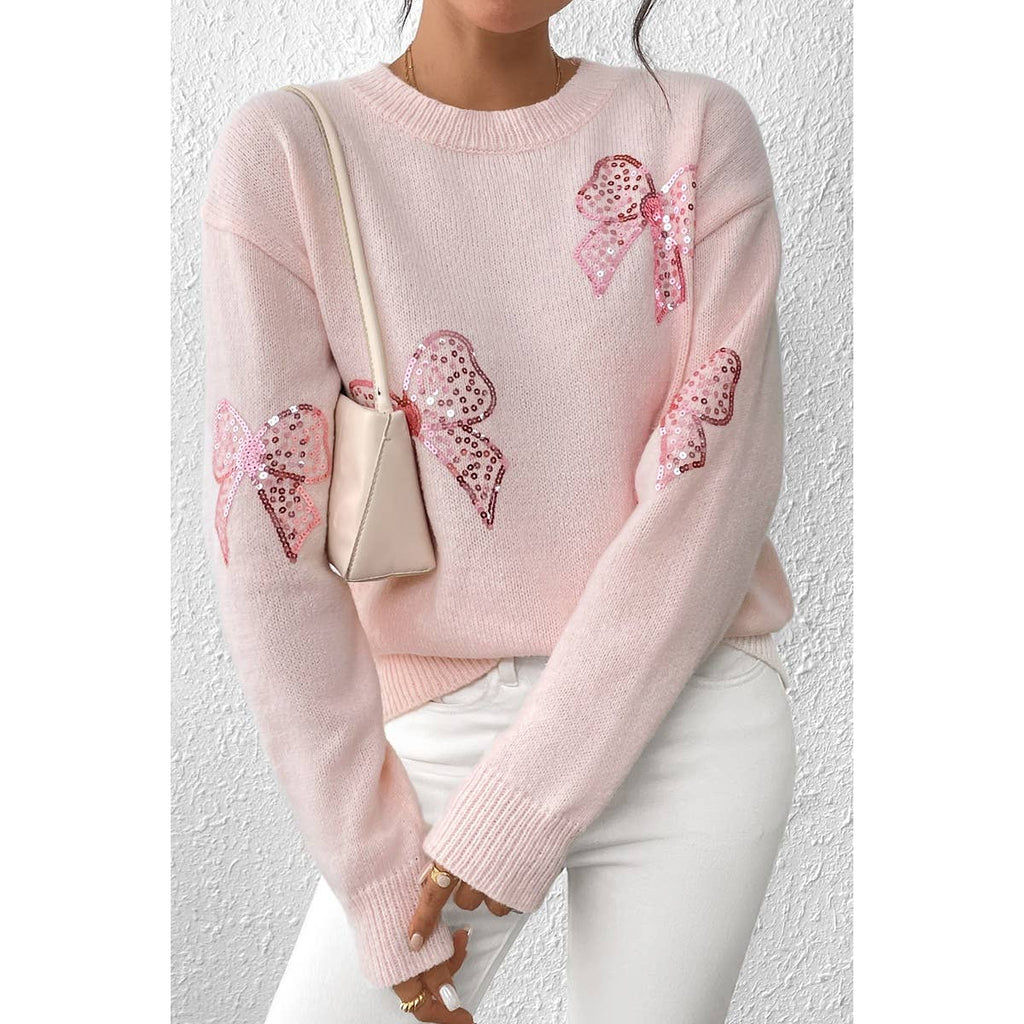 Knit Sequin Bow Round Neck Loose Fit Sweater: PINK / XL