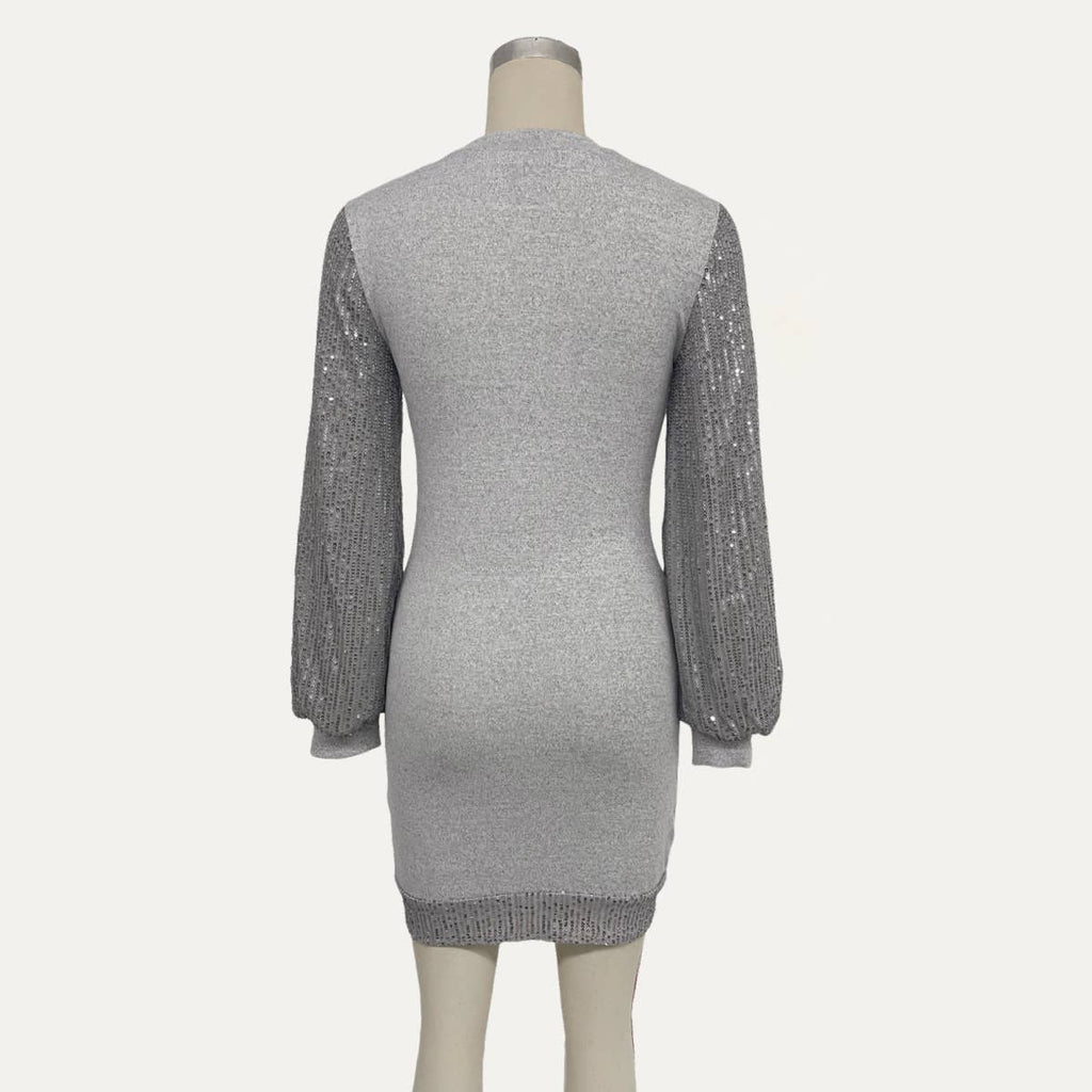 Shinny Grey Sequin Round Neck Long Sleeve Knit Mini Dress: Grey / S