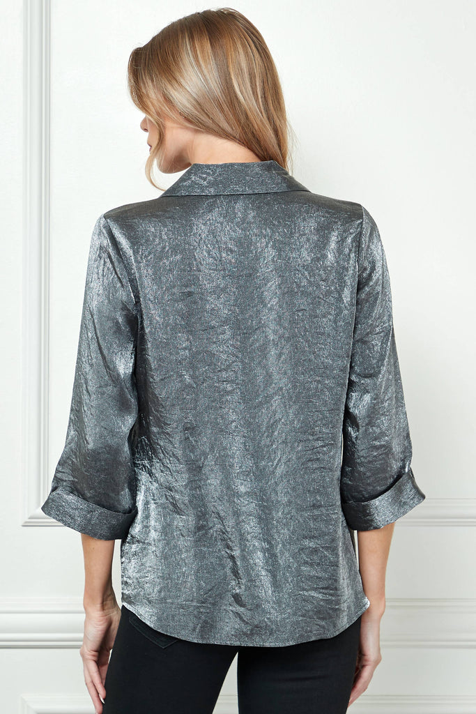 STARLIGHT SHIMMER JOHNNY COLLAR BLOUSE: Black/Silver / S