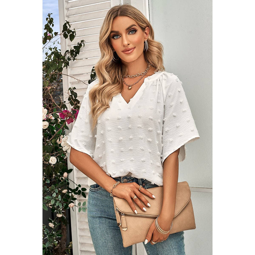 Solid Polk Dot V Neck Loose Fit Top: BEIGE / S
