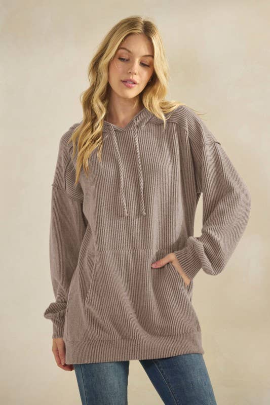 ET7964-10 LONG SLEEVE BRUSHED URBAN RIB HOODIE TOP: ROSE / 2-2-2 (S-M-L)
