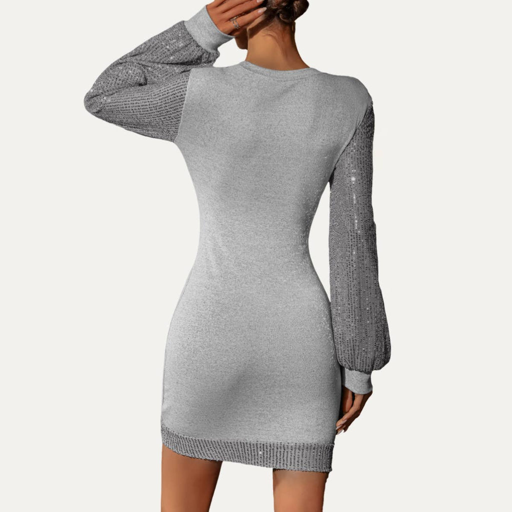 Shinny Grey Sequin Round Neck Long Sleeve Knit Mini Dress: Grey / S