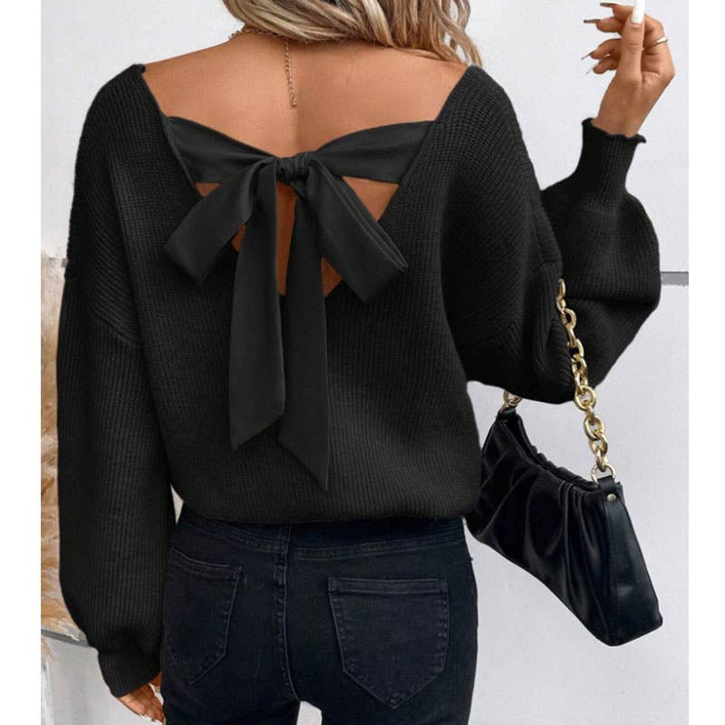 Back Tie Detail V-Neck Sweater: Khaki / M