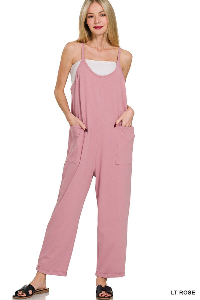`",,,,...._ Spaghetti Strap Pocketed Cotton Jumpsuit: H LT TEAL-178587 / L/XL