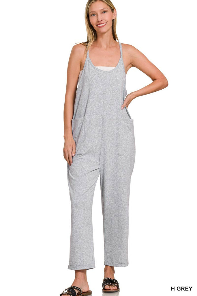 `.Spaghetti Strap Pocketed Cotton Jumpsuit: CLASSIC BLUE-181987 / S/M 2 L/XL 2 TEAL S/M 2