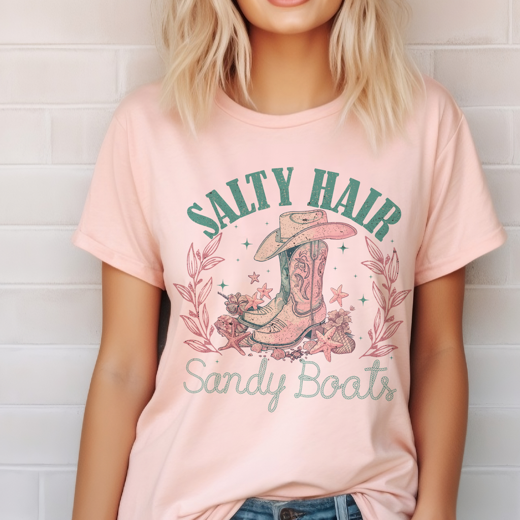 Salty Sandy Boots Tees Ocean Summer Cowgirl Summer Tshirt: Peach /1 S, 1 M, 1 LG, 1 XL