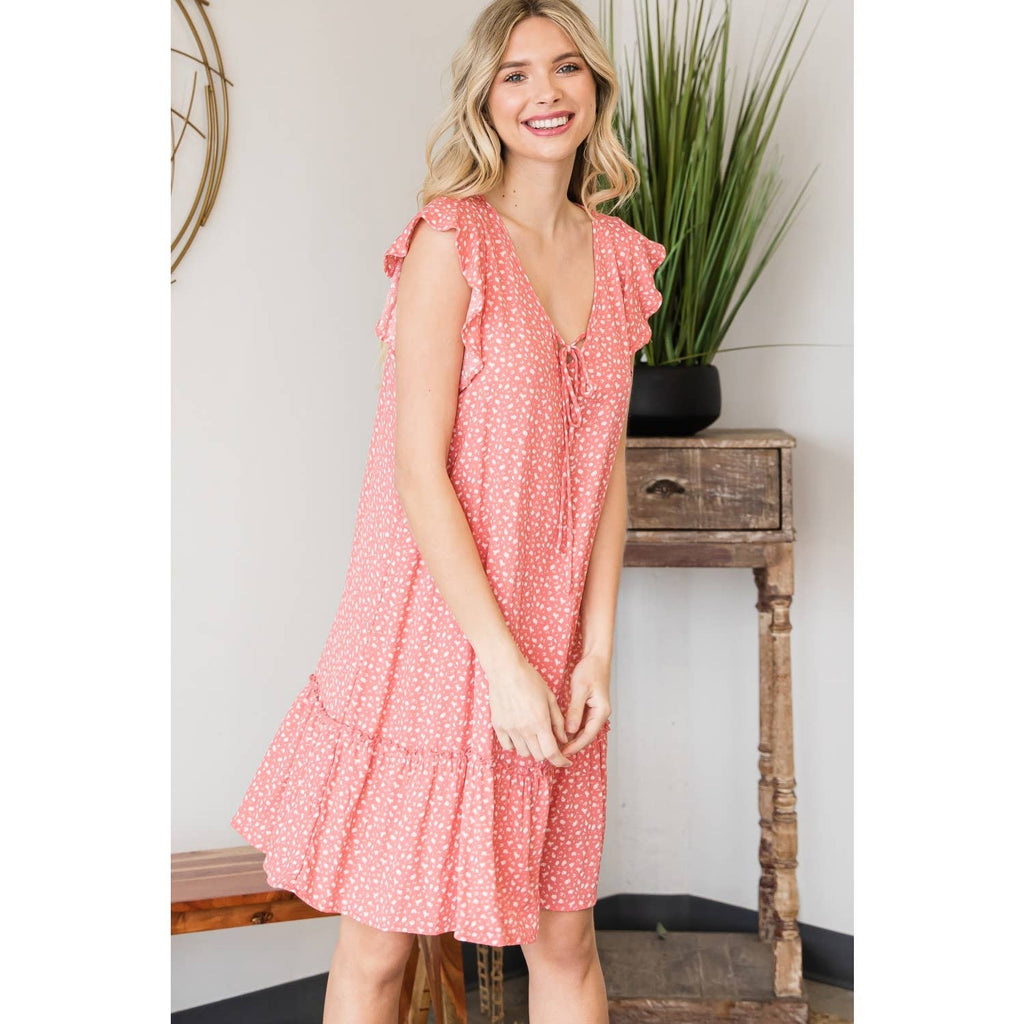 Vintage Ditsy Print Flutter V-Neck Dress-Coral: Coral SMALL