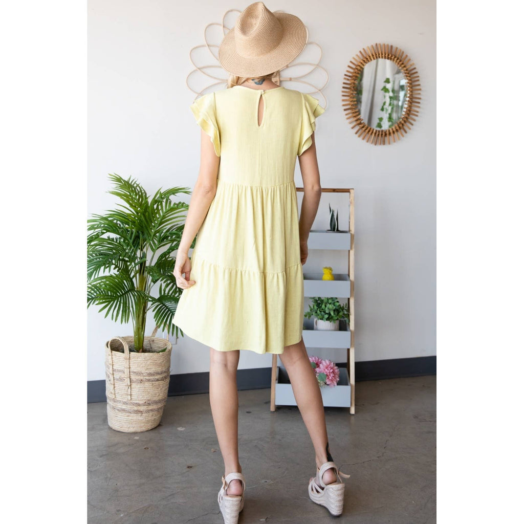 Rayon Linen Ruffle Shoulder Tiered Dress: Yellow /