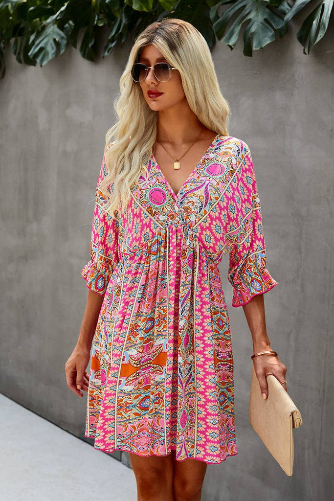 V Neck Half Sleeve Graphic Swing Dress: PINK / M