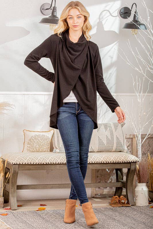 SJ1348S SOLID OPEN CARDIGAN WITH DRAPED AND BUTTON: CHARCOAL / 2-2-2(S-M-L)