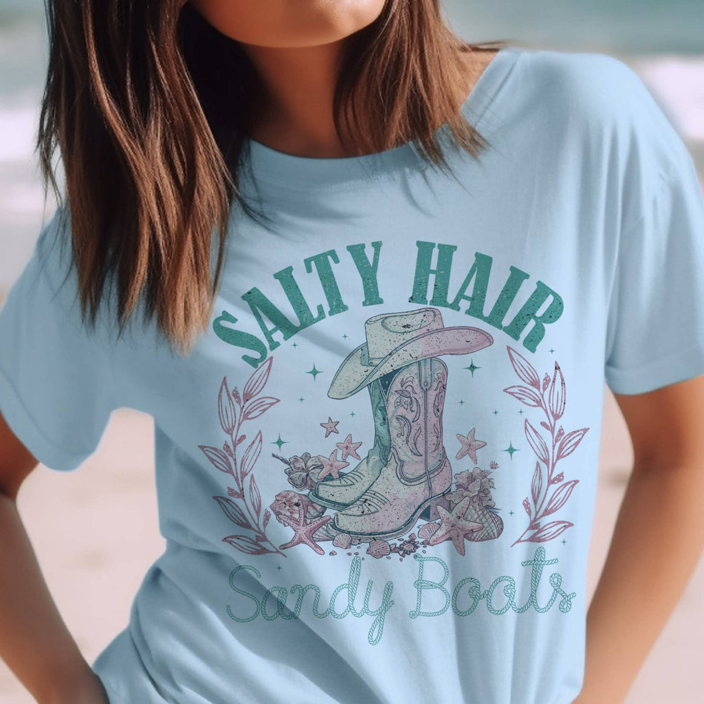 Salty Sandy Boots Tees Ocean Summer Cowgirl Summer Tshirt: Peach /1 S, 1 M, 1 LG, 1 XL