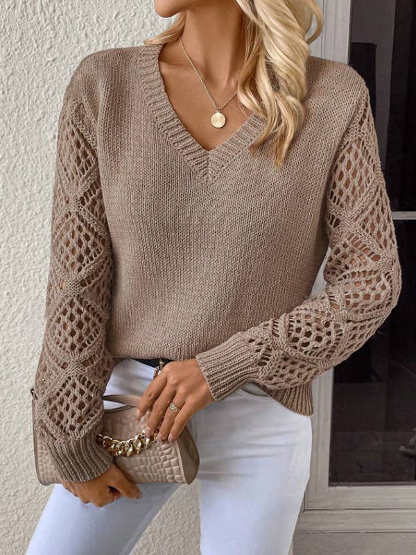 Women's Casual V-Neck Long Sleeve Hollow Knitted Sweater: Dark blue /