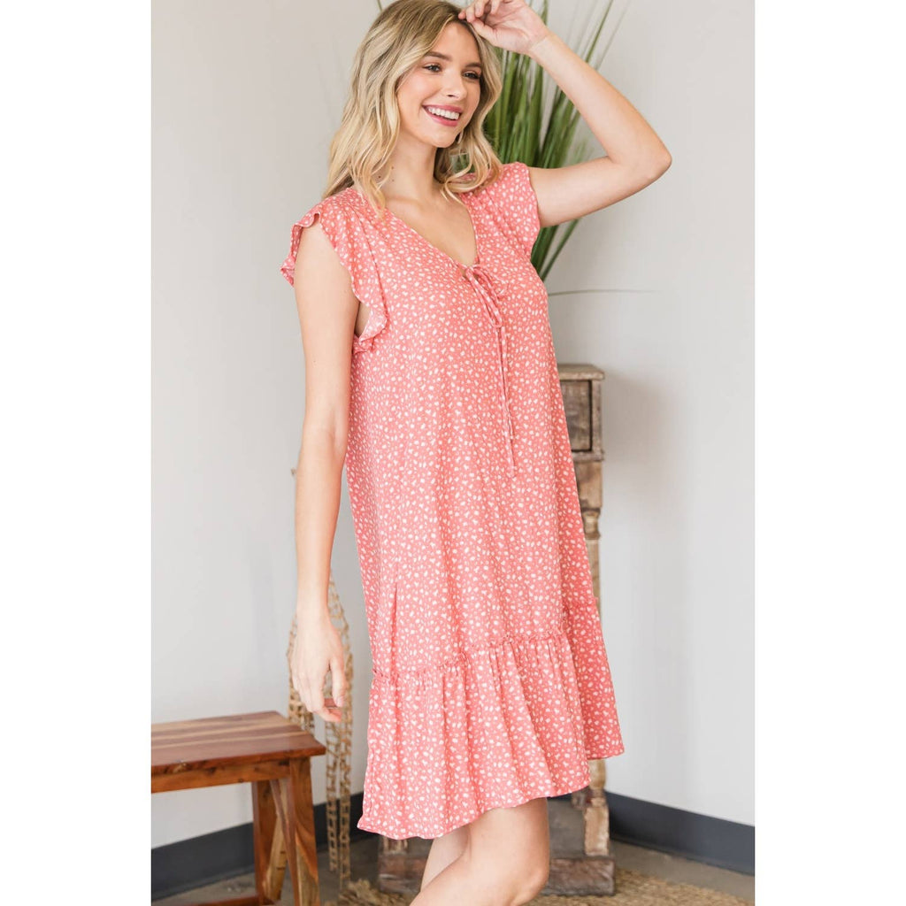Vintage Ditsy Print Flutter V-Neck Dress-Coral: Coral SMALL